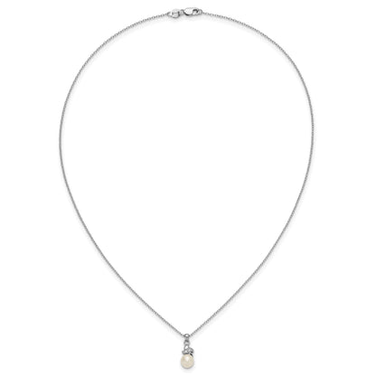 Sterling Silver Rhodium-plated 6-7mm White Button Freshwater Cultured Pearl and CZ 17 inch Necklace