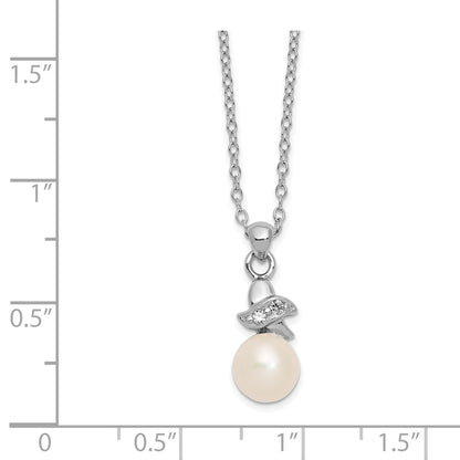 Sterling Silver Rhodium-plated 6-7mm White Button Freshwater Cultured Pearl and CZ 17 inch Necklace