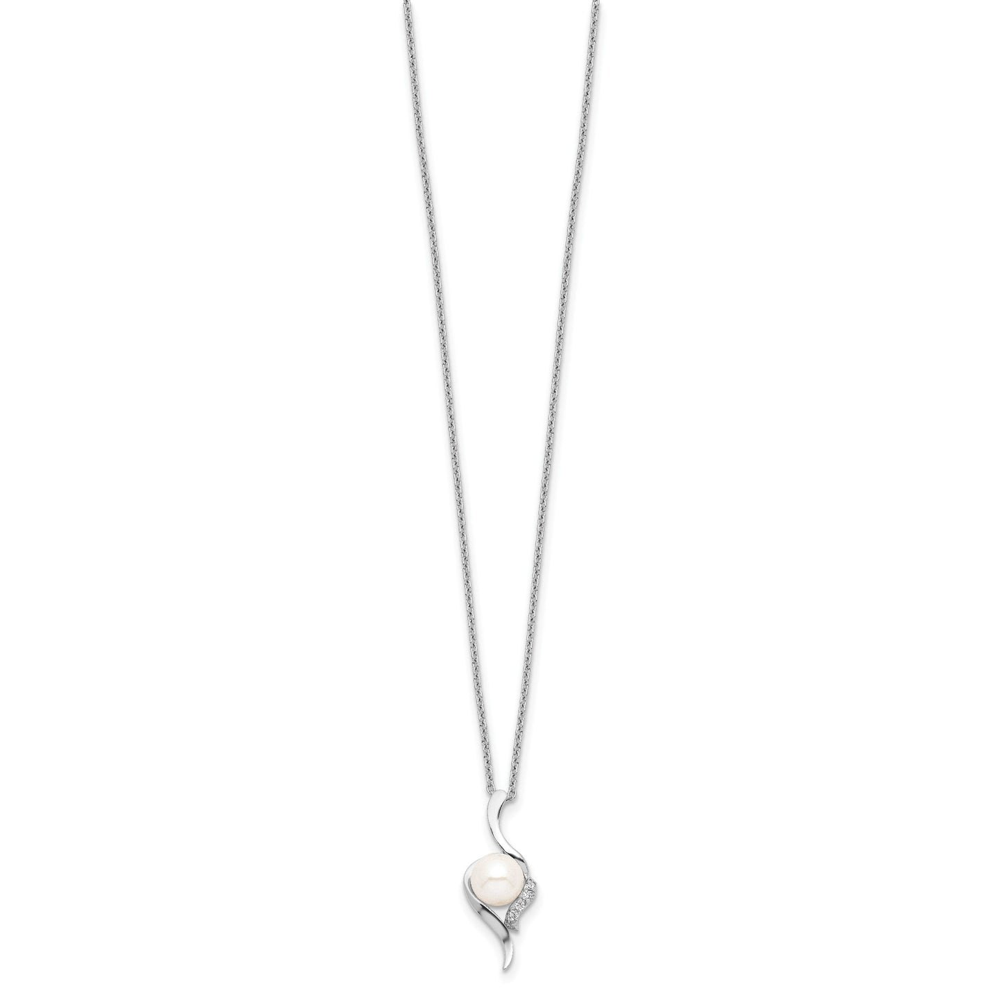 Sterling Silver Rhodium-plated 6-7mm White Semi-Round Freshwater Cultured Pearl and CZ 17 inch Necklace