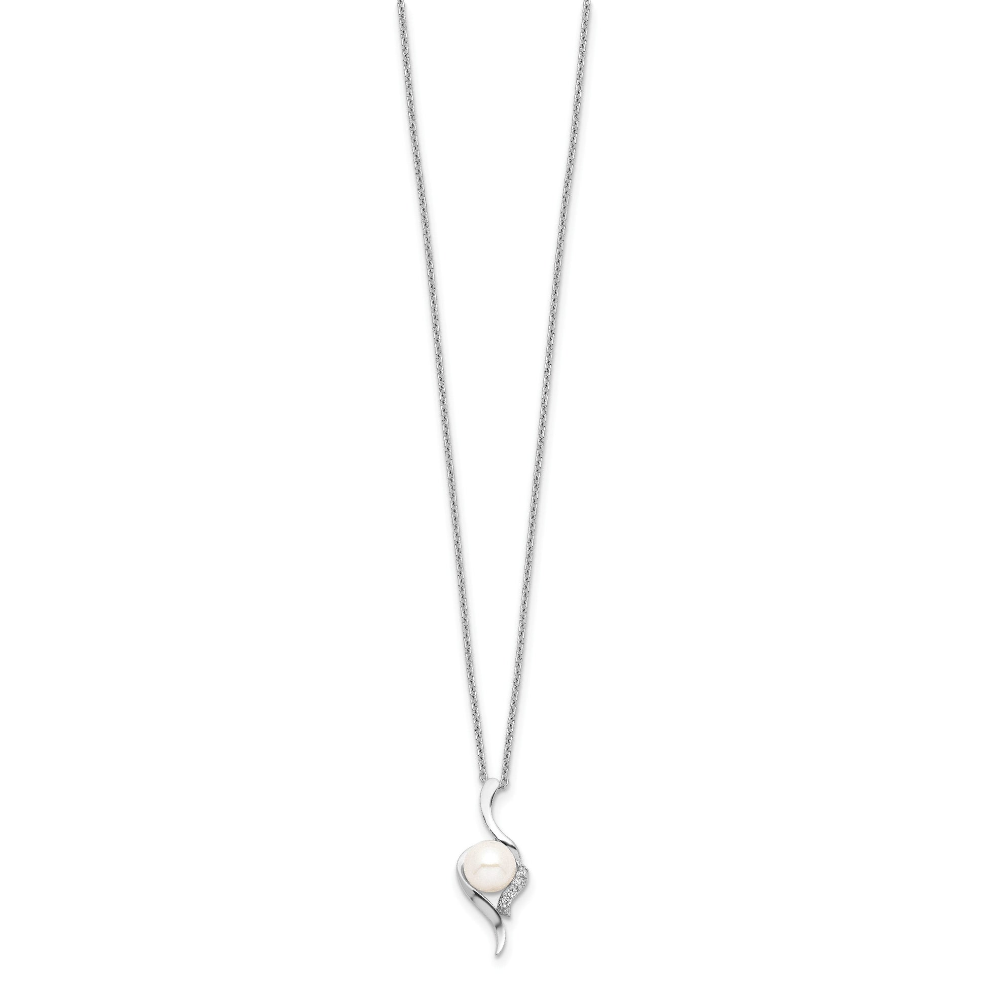 Sterling Silver Rhodium-plated 6-7mm White Semi-Round Freshwater Cultured Pearl and CZ 17 inch Necklace