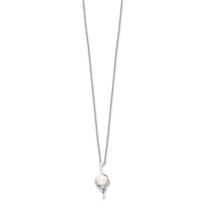 Sterling Silver Rhodium-plated 6-7mm White Semi-Round Freshwater Cultured Pearl and CZ 17 inch Necklace