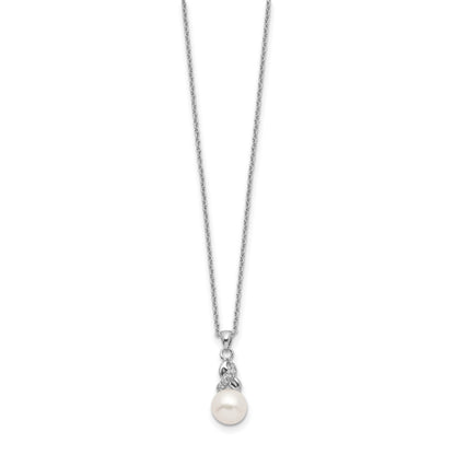 Sterling Silver Rhodium-plated 6-7mm White Near-Round Freshwater Cultured Pearl and CZ 17 inch Necklace