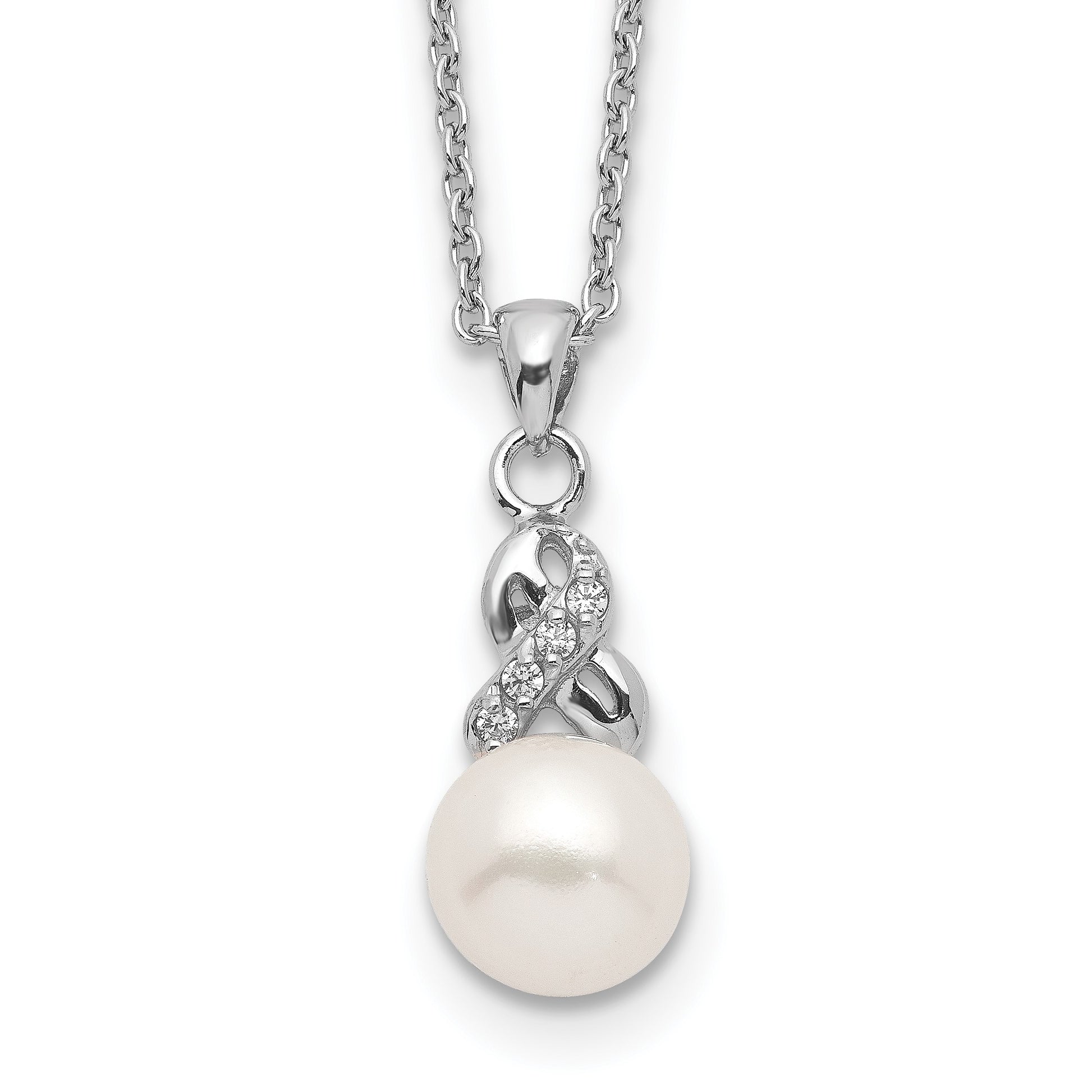 Sterling Silver Rhodium-plated 6-7mm White Near-Round Freshwater Cultured Pearl and CZ 17 inch Necklace