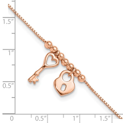 Sterling Silver Rose-tone Heart Lock and Key 9 inch Plus 1 inch Extender - Total 10 inch Anklet
