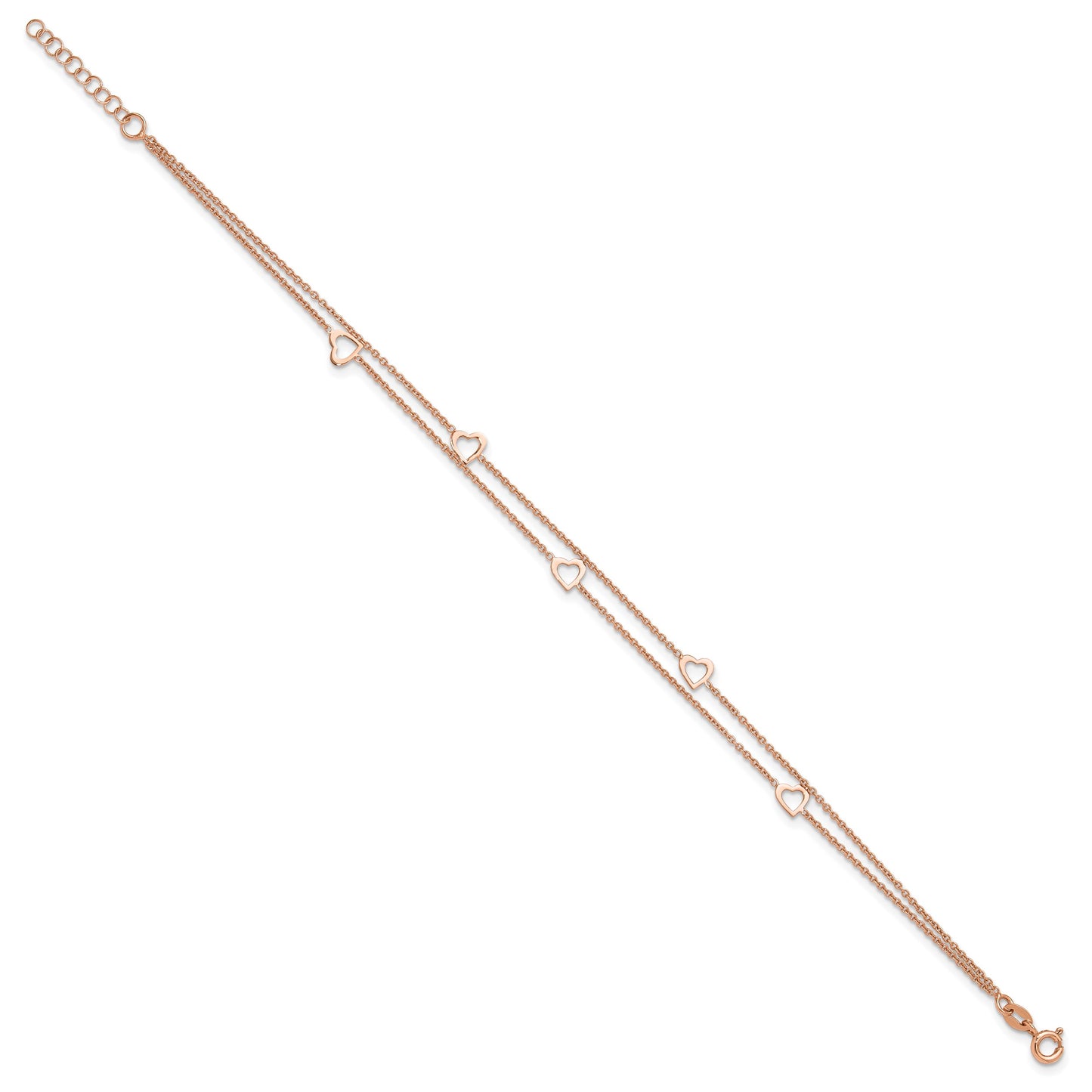 Sterling Silver Rose-tone Heart 2-Strand 9 inch Plus 1 inch Extender - Total 10 inch Anklet