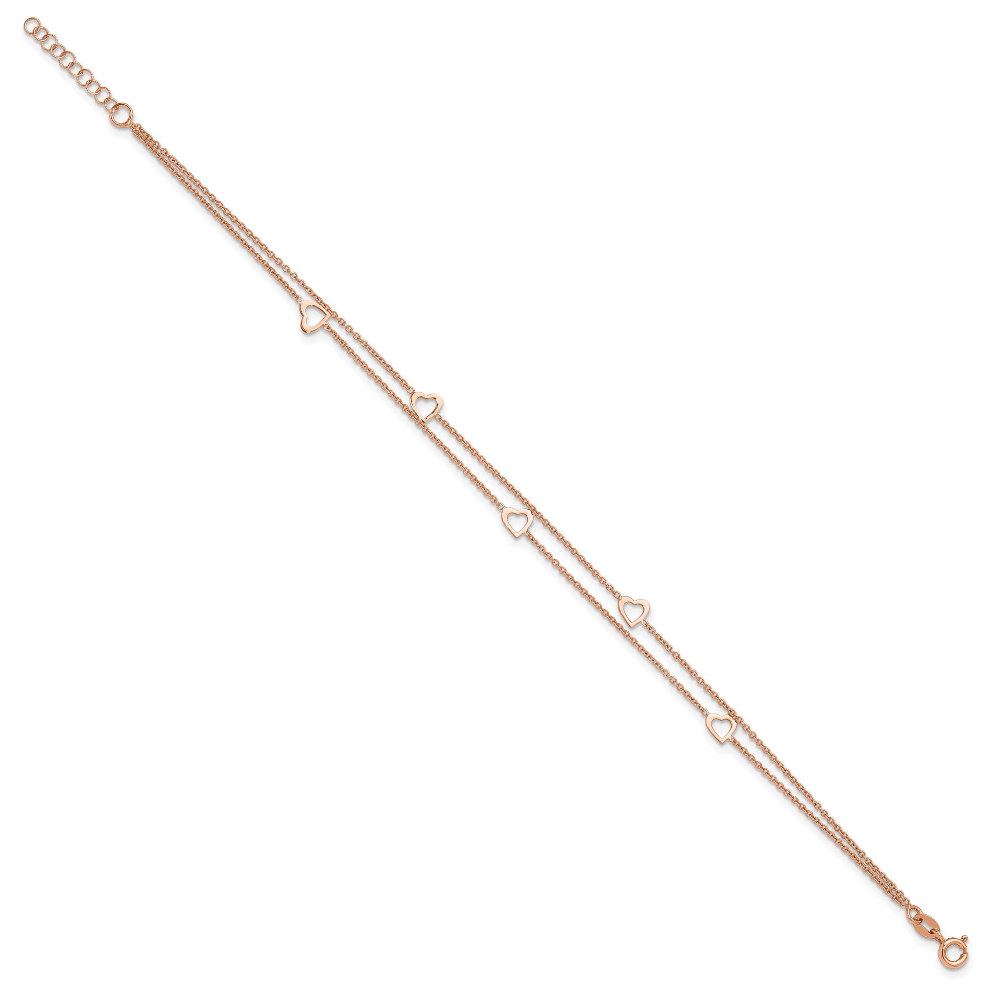 Sterling Silver Rose-tone Heart 2-Strand 9 inch Plus 1 inch Extender - Total 10 inch Anklet