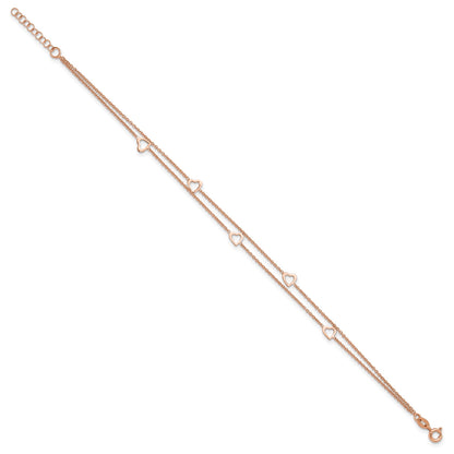 Sterling Silver Rose-tone Heart 2-Strand 9 inch Plus 1 inch Extender - Total 10 inch Anklet