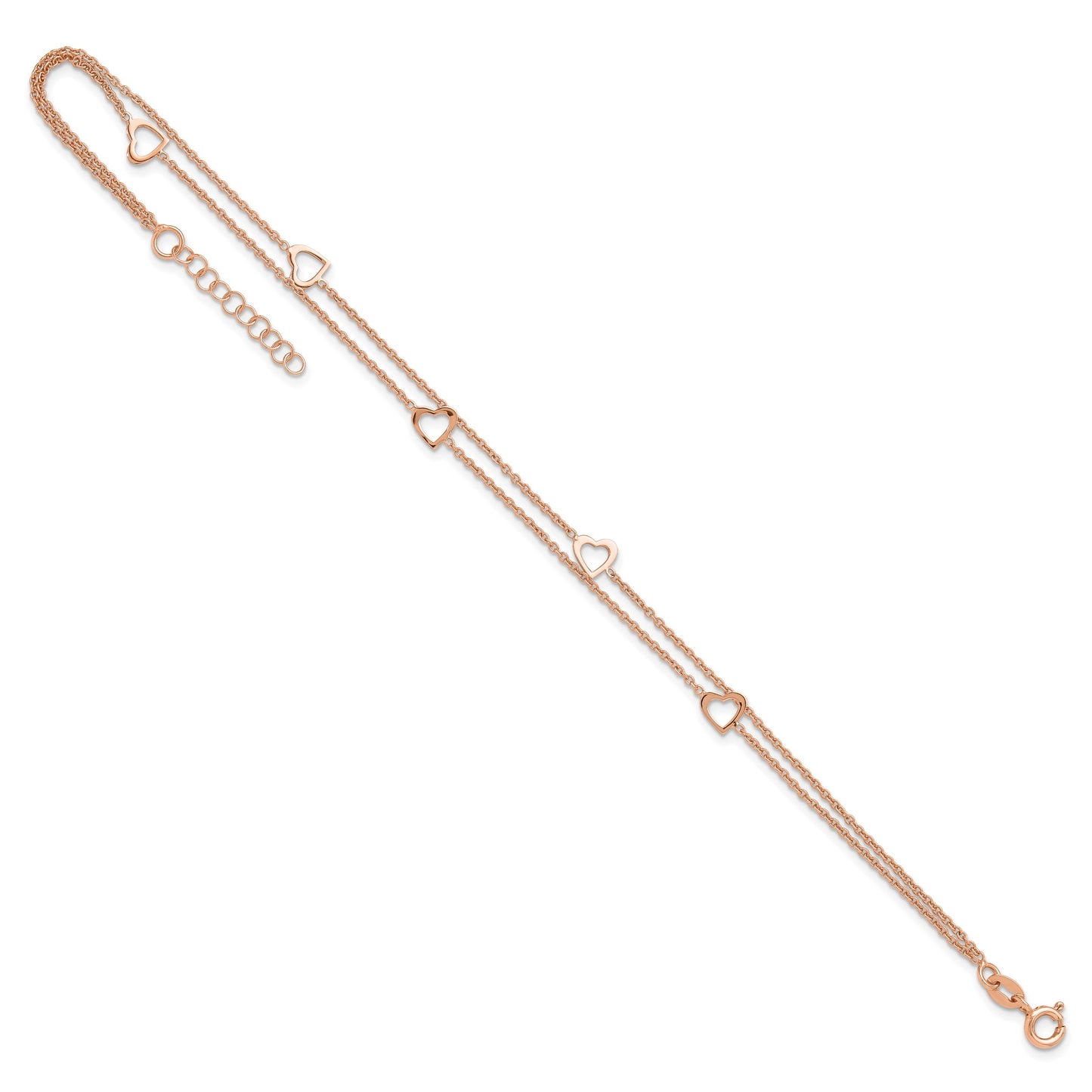 Sterling Silver Rose-tone Heart 2-Strand 9 inch Plus 1 inch Extender - Total 10 inch Anklet