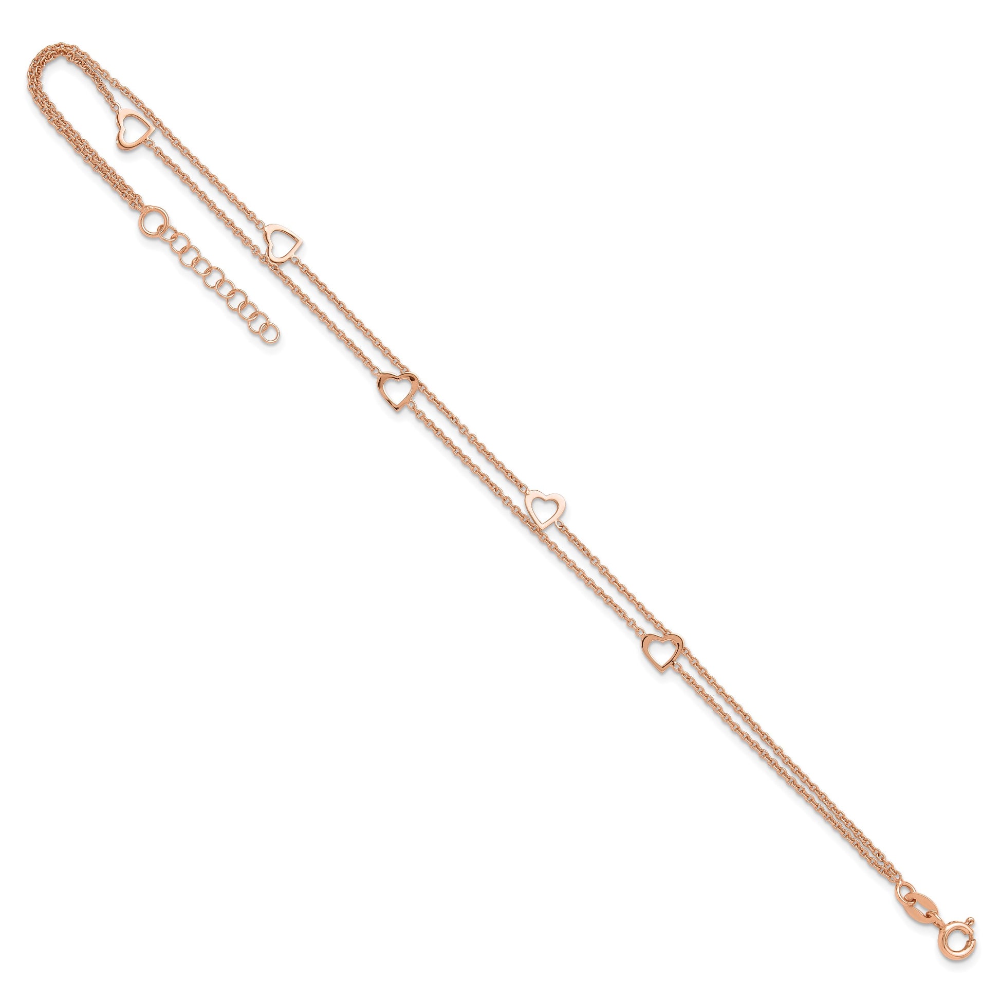 Sterling Silver Rose-tone Heart 2-Strand 9 inch Plus 1 inch Extender - Total 10 inch Anklet
