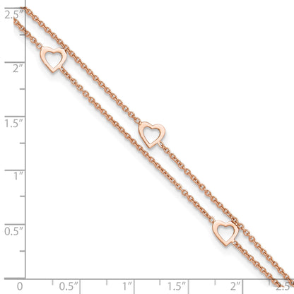 Sterling Silver Rose-tone Heart 2-Strand 9 inch Plus 1 inch Extender - Total 10 inch Anklet