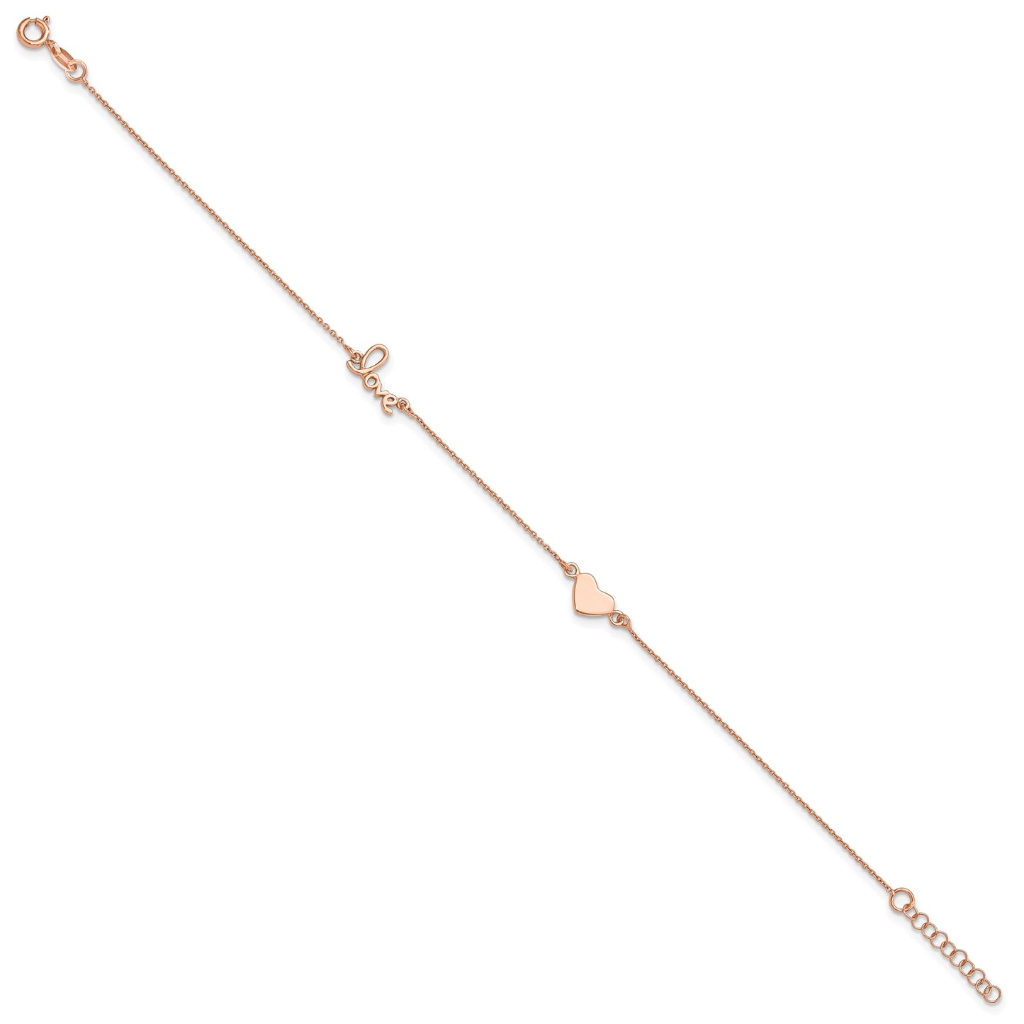 Sterling Silver Rose-tone Heart/LOVE Script 9 inch Plus 1 inch Extender - Total 10 inch Anklet