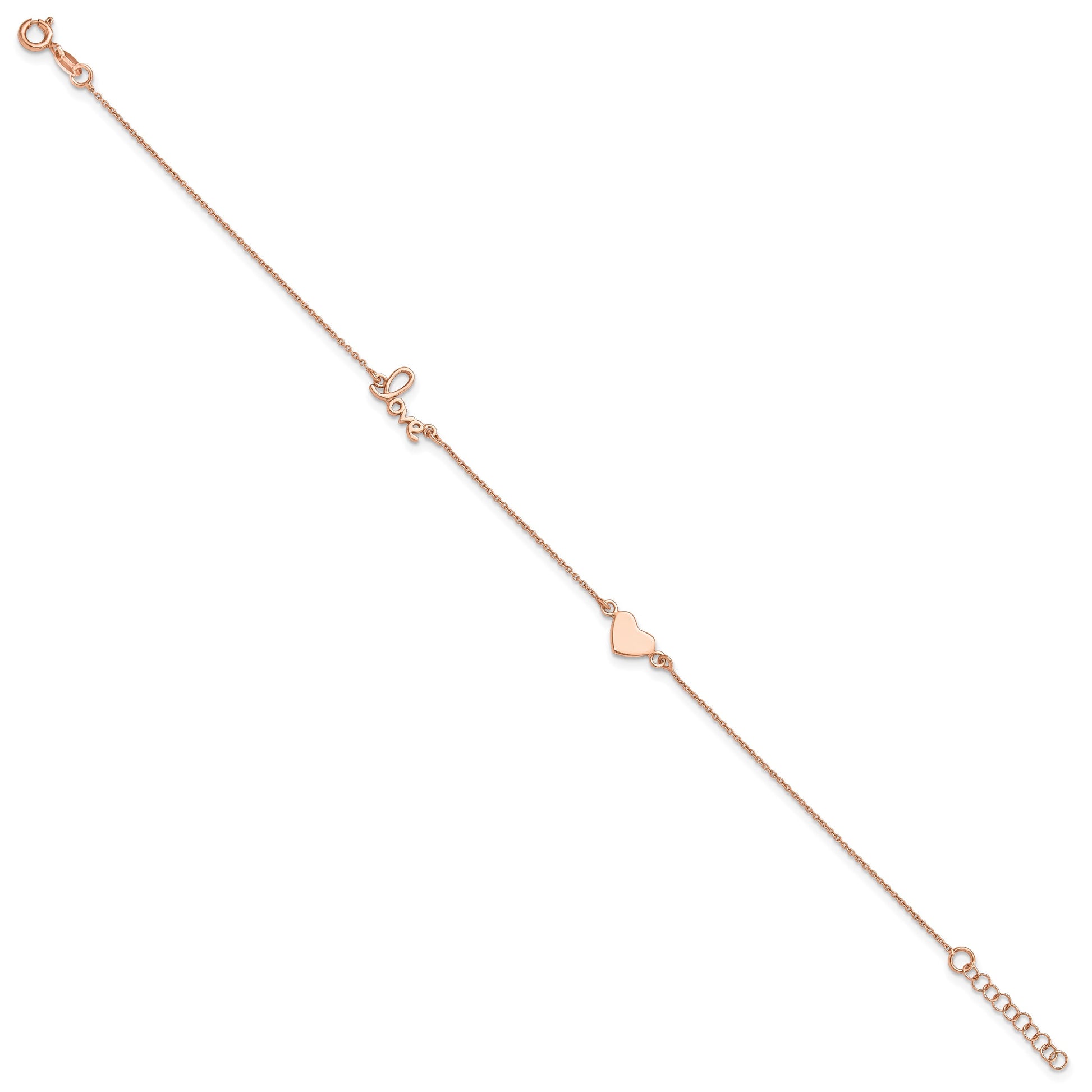 Sterling Silver Rose-tone Heart/LOVE Script 9 inch Plus 1 inch Extender - Total 10 inch Anklet