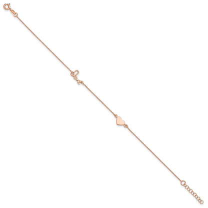 Sterling Silver Rose-tone Heart/LOVE Script 9 inch Plus 1 inch Extender - Total 10 inch Anklet