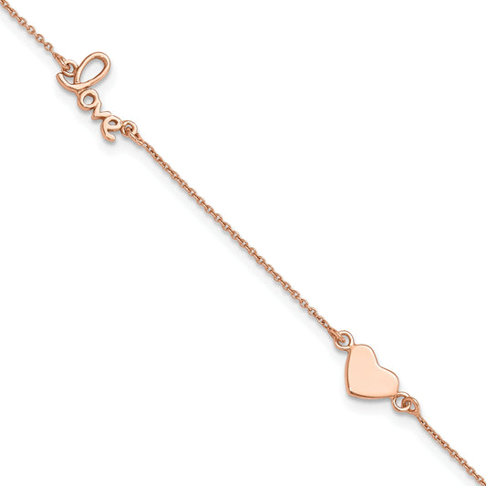 Sterling Silver Rose-tone Heart/LOVE Script 9 inch Plus 1 inch Extender - Total 10 inch Anklet