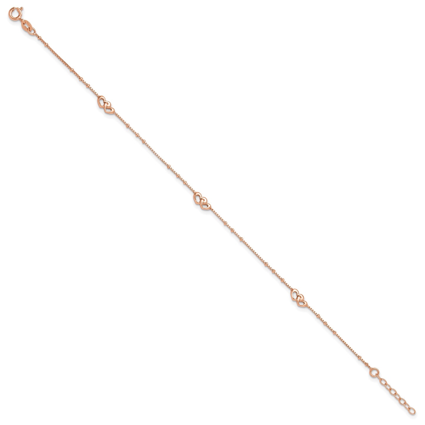 Sterling Silver Rose-tone Interlocked Hearts 9 inch Plus 1 inch Extender - Total 10 inch Anklet