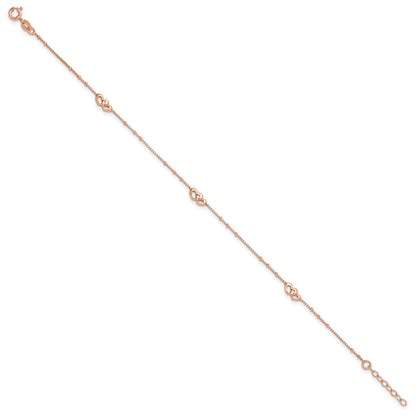 Sterling Silver Rose-tone Interlocked Hearts 9 inch Plus 1 inch Extender - Total 10 inch Anklet