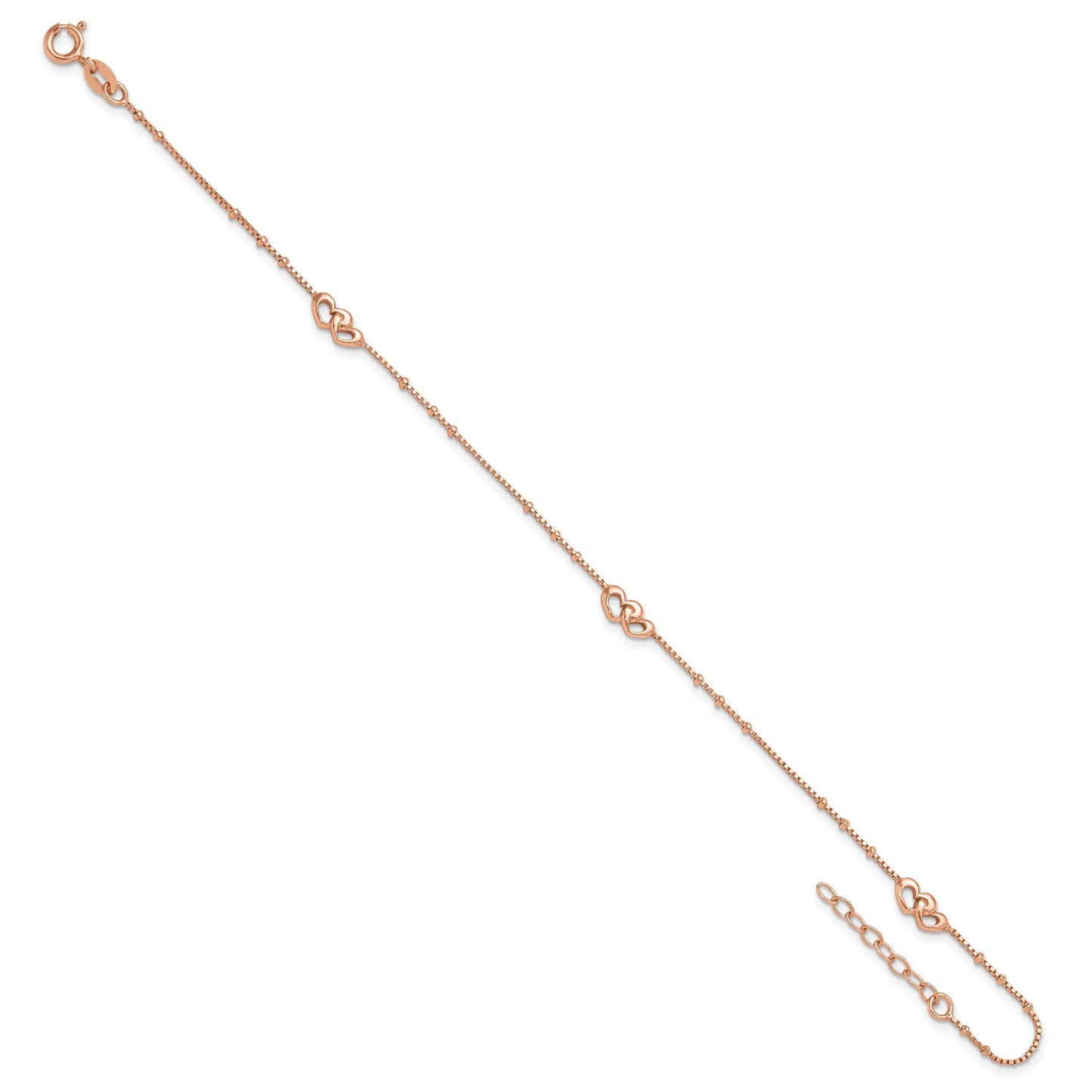Sterling Silver Rose-tone Interlocked Hearts 9 inch Plus 1 inch Extender - Total 10 inch Anklet