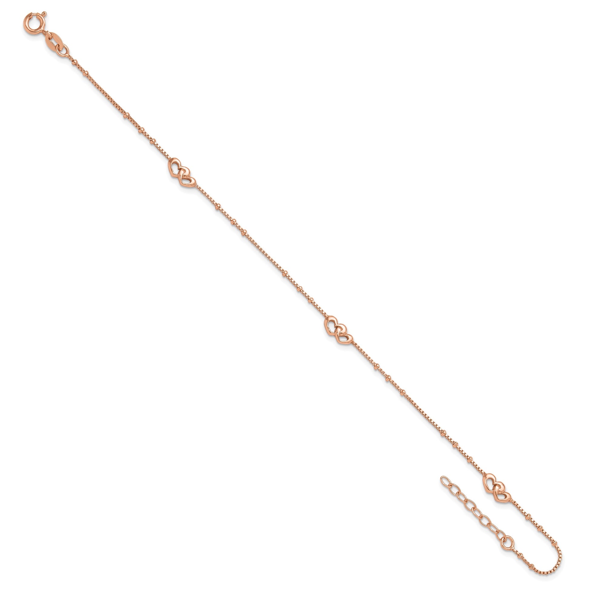 Sterling Silver Rose-tone Interlocked Hearts 9 inch Plus 1 inch Extender - Total 10 inch Anklet