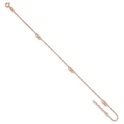 Sterling Silver Rose-tone Interlocked Hearts 9 inch Plus 1 inch Extender - Total 10 inch Anklet