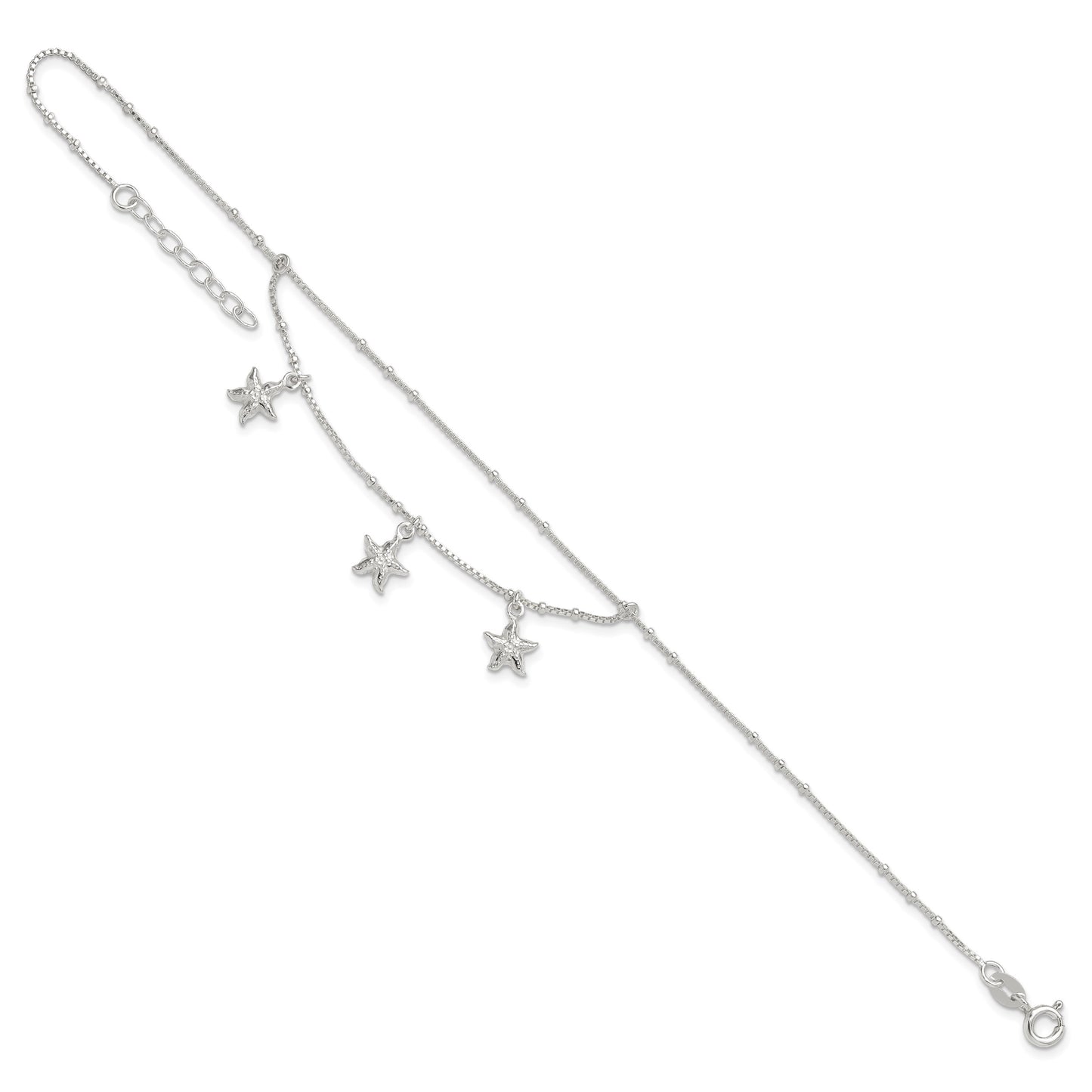 Sterling Silver 2-Strand Starfish 9 inch Plus 1 inch Extender - Total 10 inch Anklet