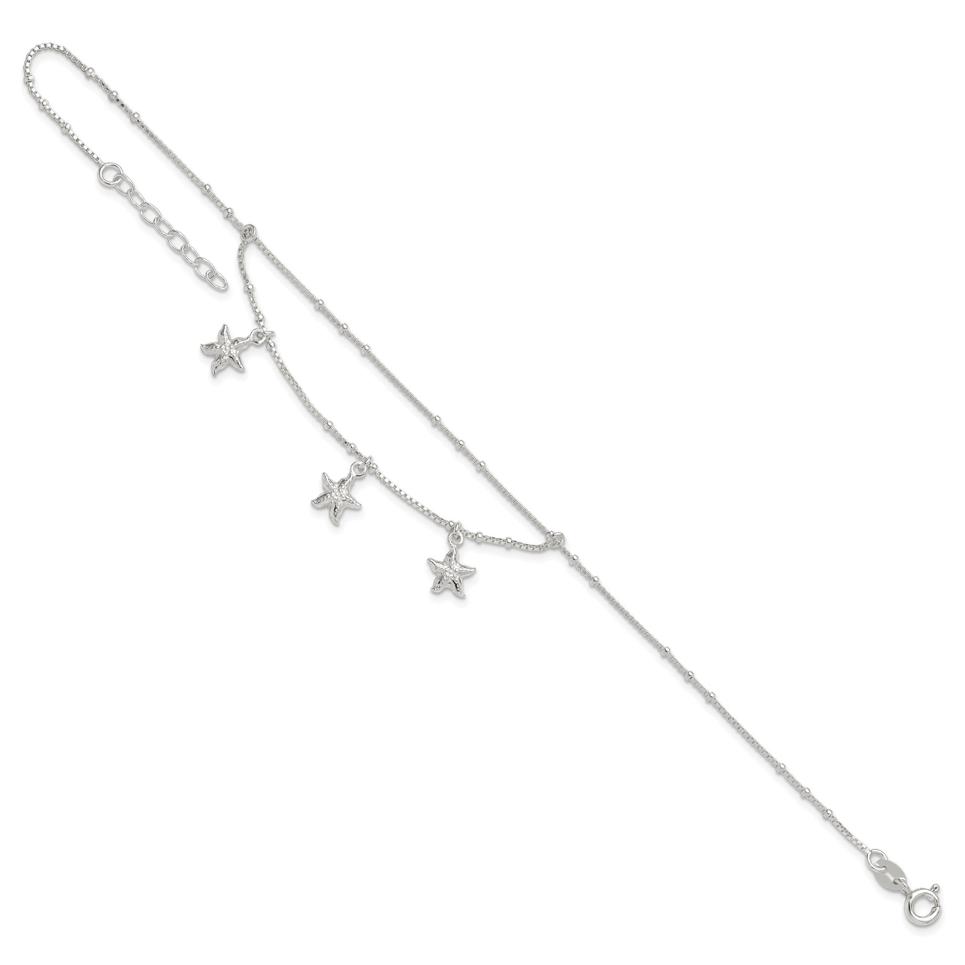 Sterling Silver 2-Strand Starfish 9 inch Plus 1 inch Extender - Total 10 inch Anklet