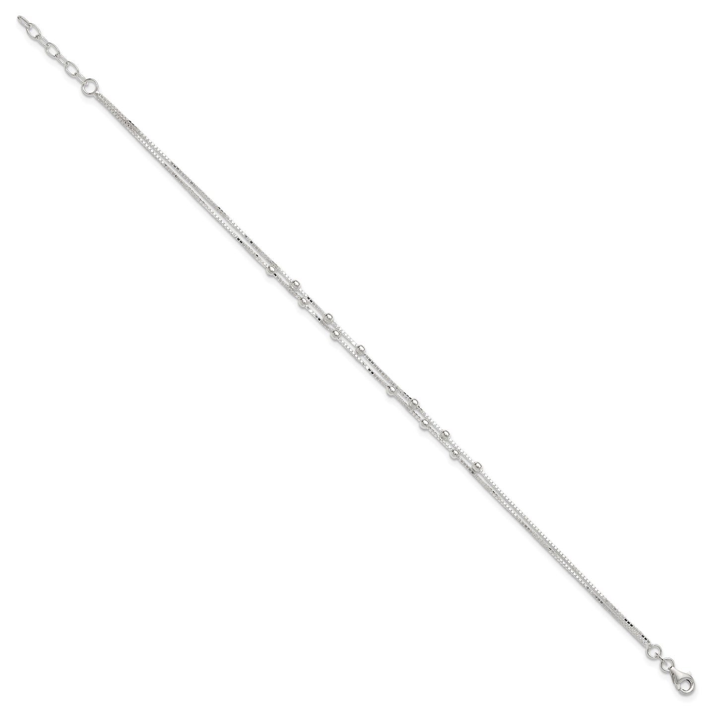 Sterling Silver Beaded 2-strand 10 inch Plus 1 inch Extender - Total 11 inch Anklet