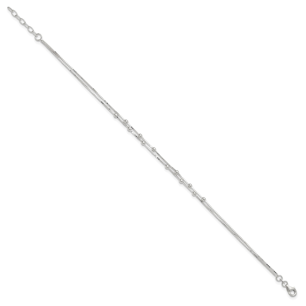 Sterling Silver Beaded 2-strand 9 inch Plus 1 inch Extender - Total 10 inch Anklet