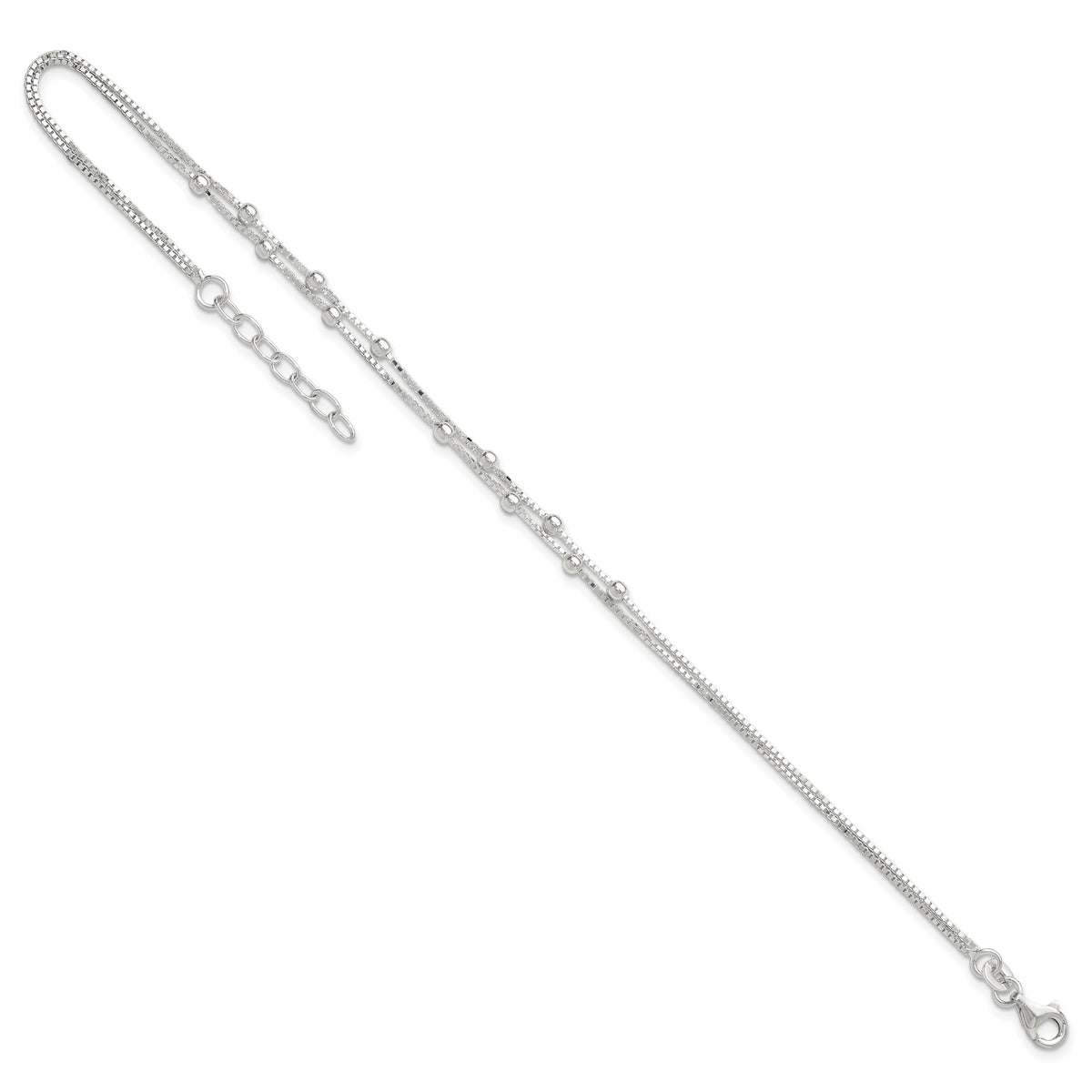 Sterling Silver Beaded 2-strand 9 inch Plus 1 inch Extender - Total 10 inch Anklet