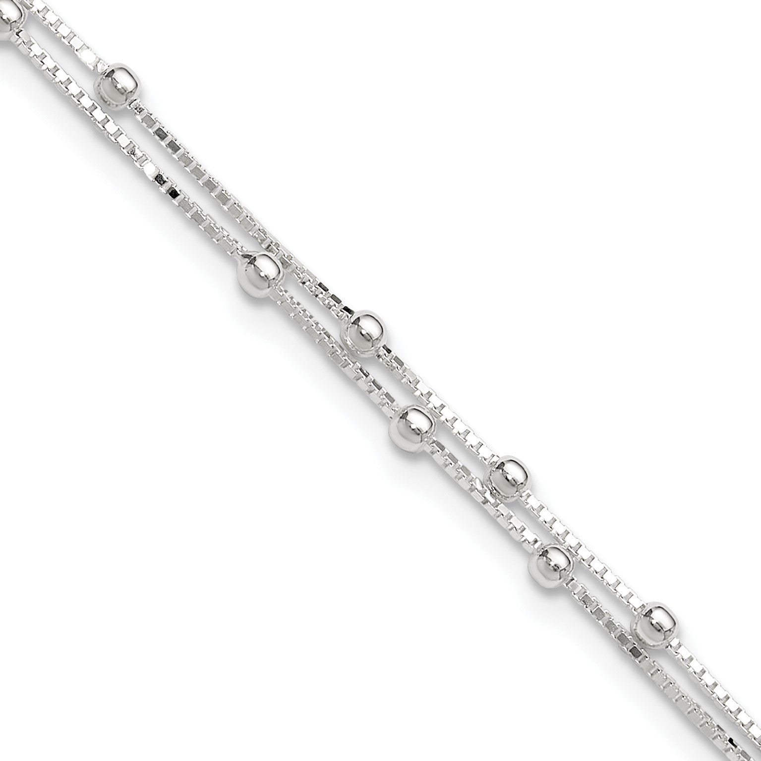 Sterling Silver Beaded 2-strand 10 inch Plus 1 inch Extender - Total 11 inch Anklet