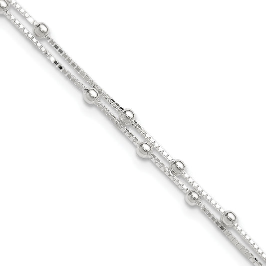 Sterling Silver Beaded 2-strand 10 inch Plus 1 inch Extender - Total 11 inch Anklet