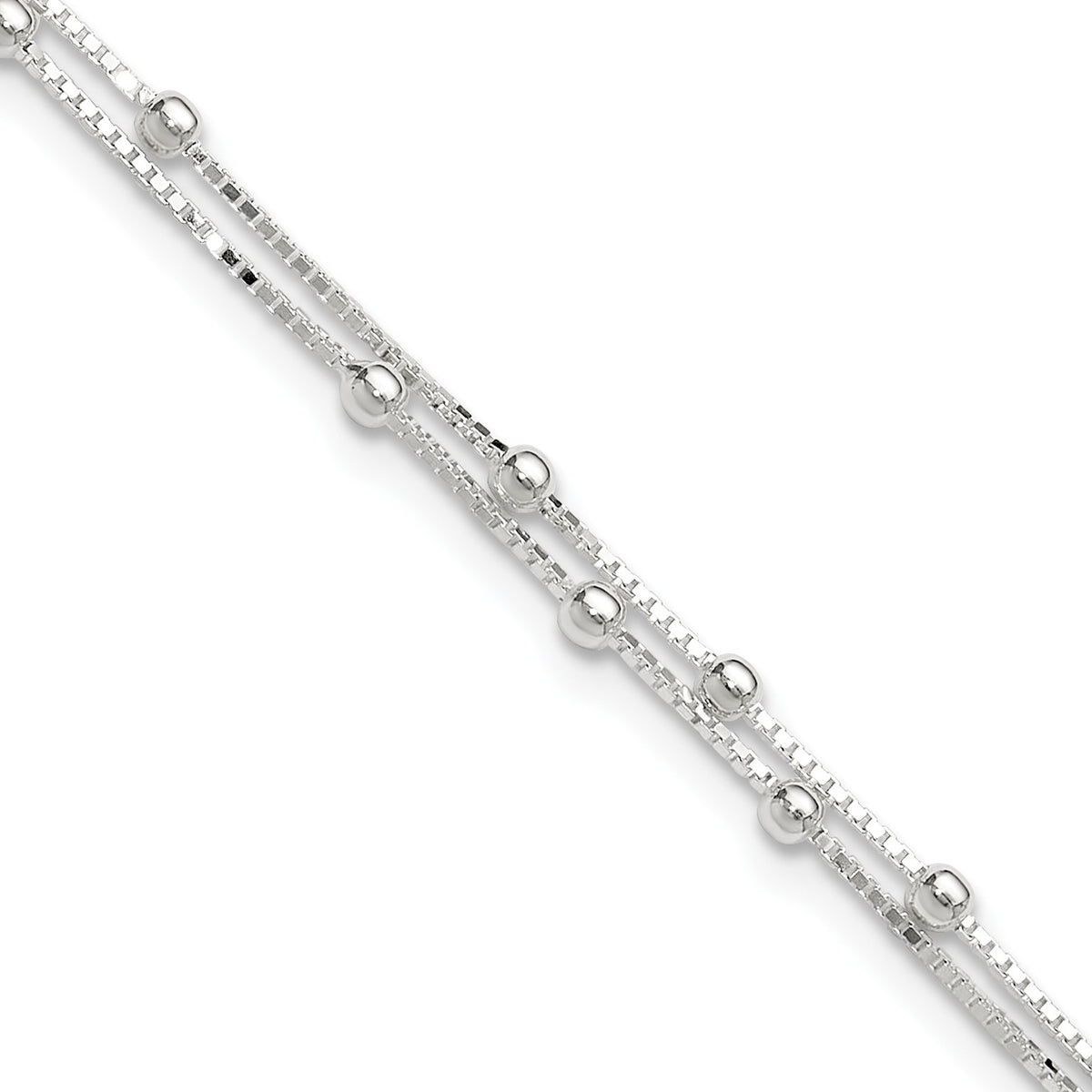 Sterling Silver Beaded 2-strand 9 inch Plus 1 inch Extender - Total 10 inch Anklet