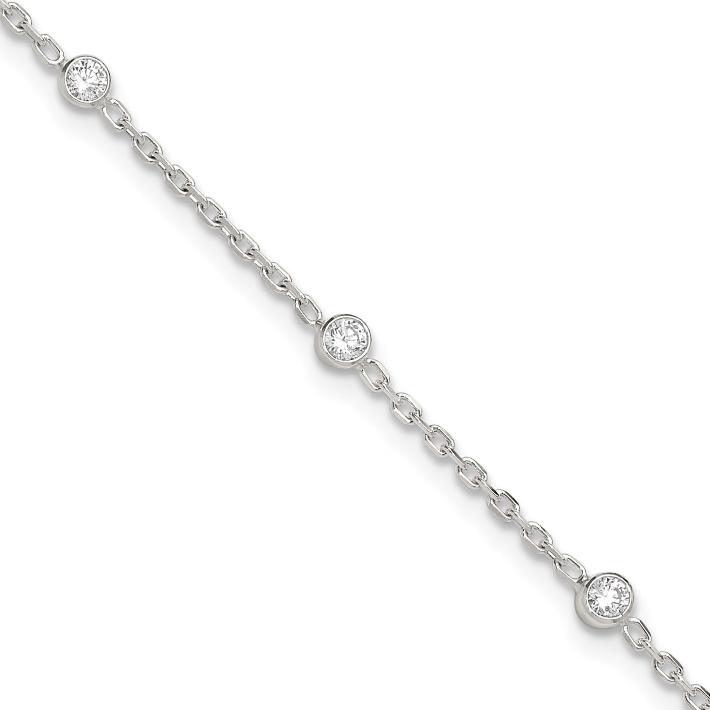 Sterling Silver Rhodium-plated Bezel CZ 8-Station 10 inch Plus 1 inch extender - Total 11 inch Anklet