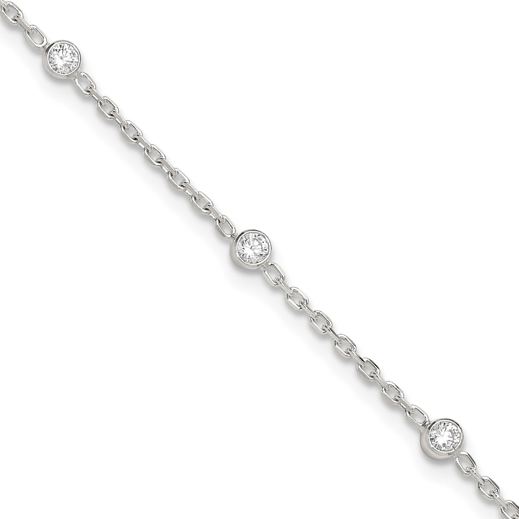 Sterling Silver Rhodium-plated Bezel CZ 8-Station 10 inch Plus 1 inch extender - Total 11 inch Anklet