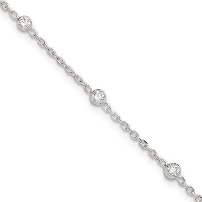 Sterling Silver Rhodium-plated Bezel CZ 8-Station 10 inch Plus 1 inch extender - Total 11 inch Anklet