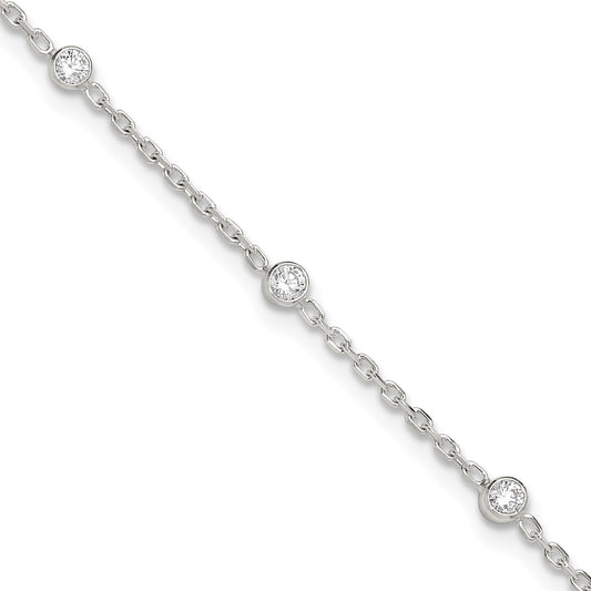 Sterling Silver Rhodium-plated Bezel CZ 8-Station 10 inch Plus 1 inch extender - Total 11 inch Anklet