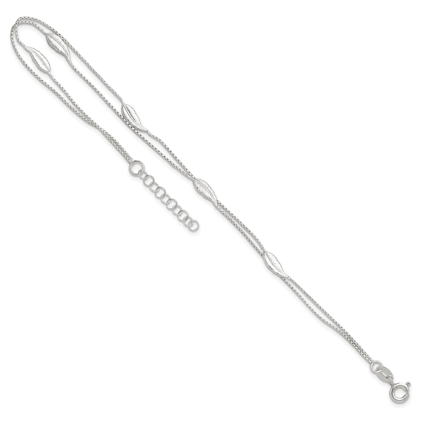 Sterling Silver 2-Strand Feathers 9 inch Plus 1 inch Extender - Total 10 inch Anklet