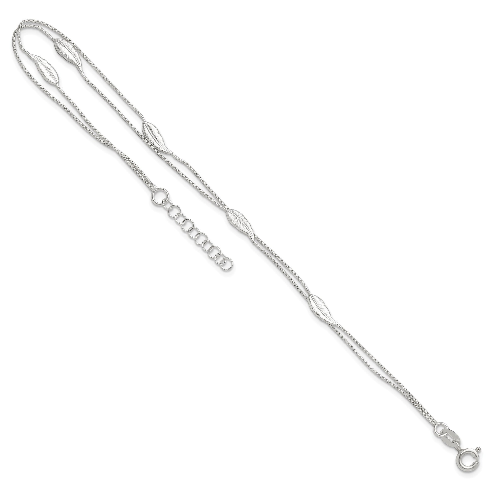 Sterling Silver 2-Strand Feathers 9 inch Plus 1 inch Extender - Total 10 inch Anklet