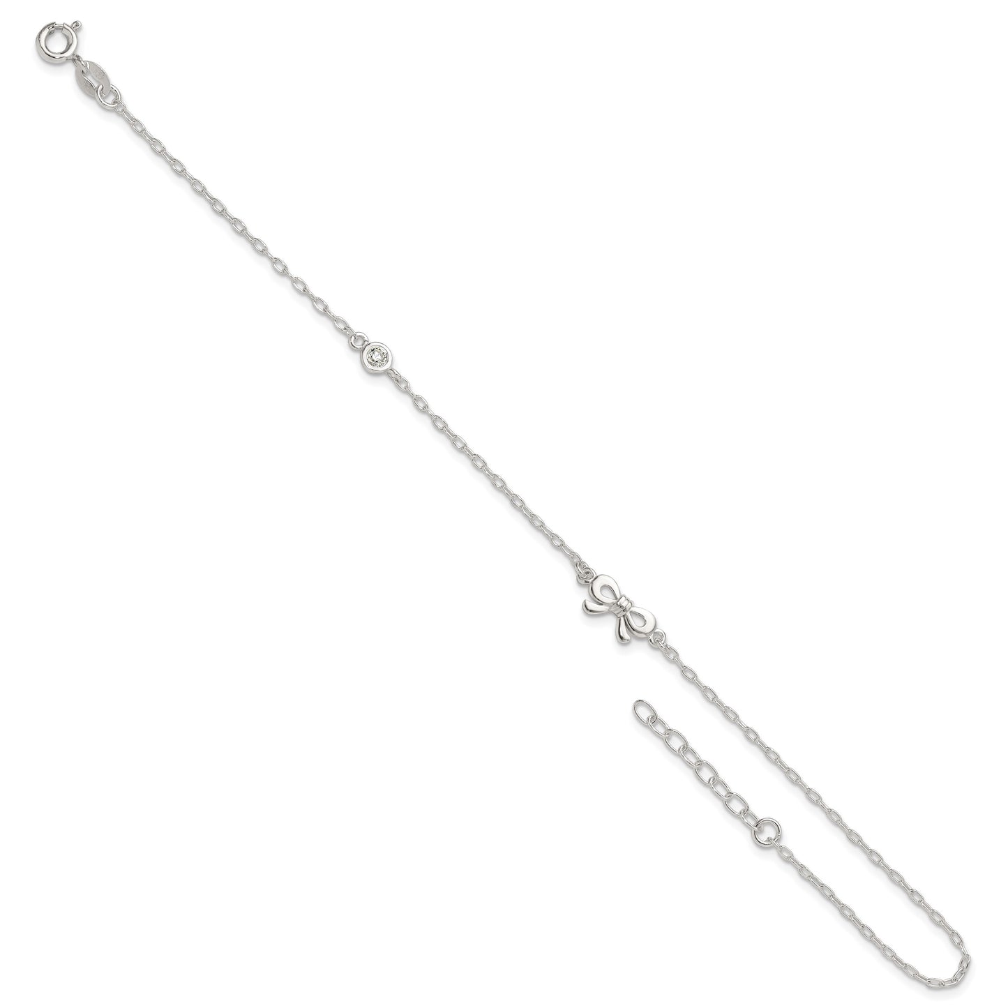 Sterling Silver CZ and Bow 9 inch Plus 1 inch Extender - Total 10 inch Anklet