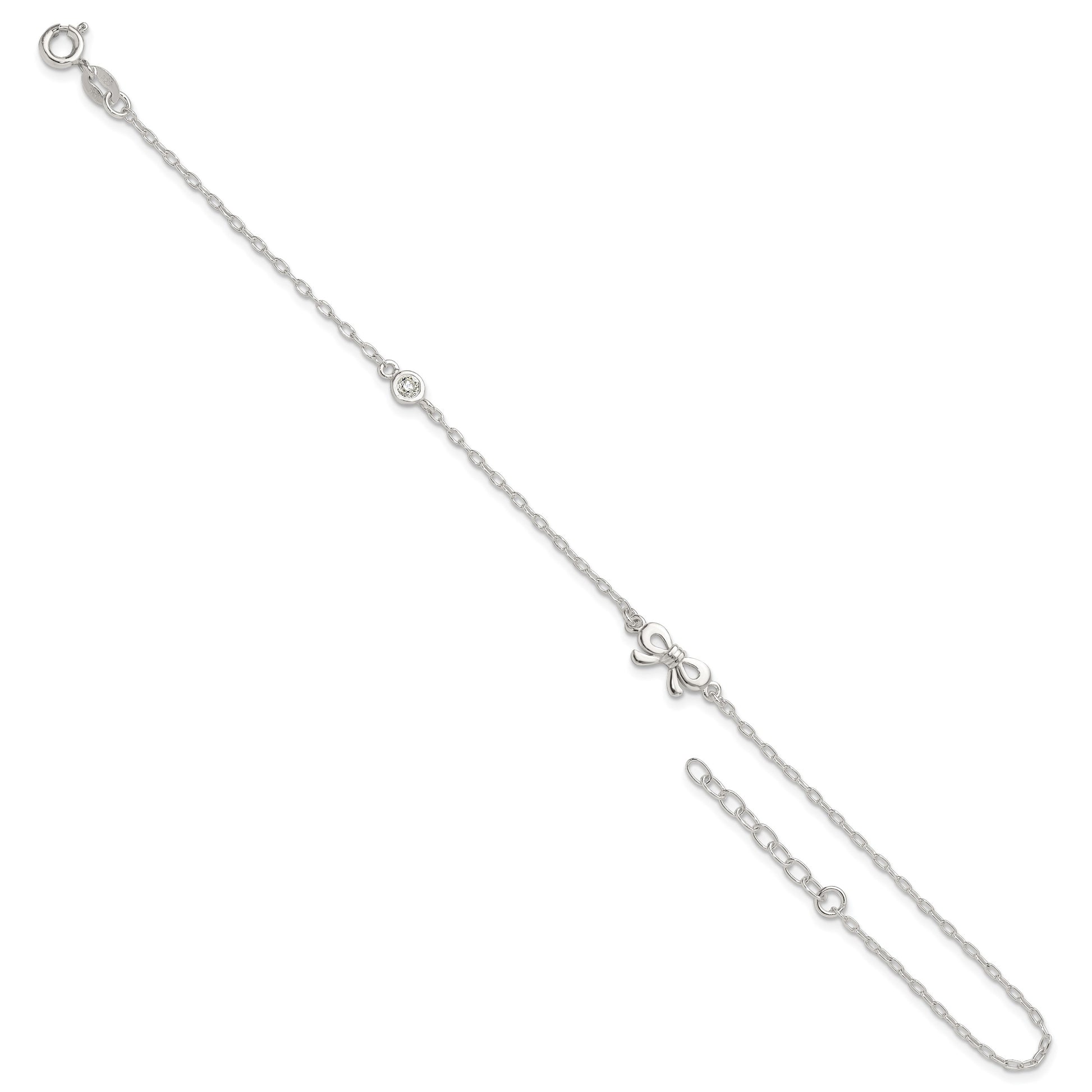 Sterling Silver CZ and Bow 9 inch Plus 1 inch Extender - Total 10 inch Anklet