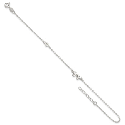 Sterling Silver CZ and Bow 9 inch Plus 1 inch Extender - Total 10 inch Anklet