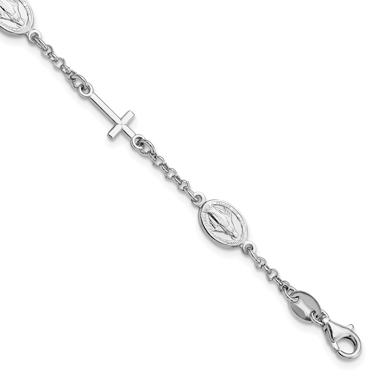 Sterling Silver RH-Plate Cross Miraculous Medal 6in w/1in ext Bracelet