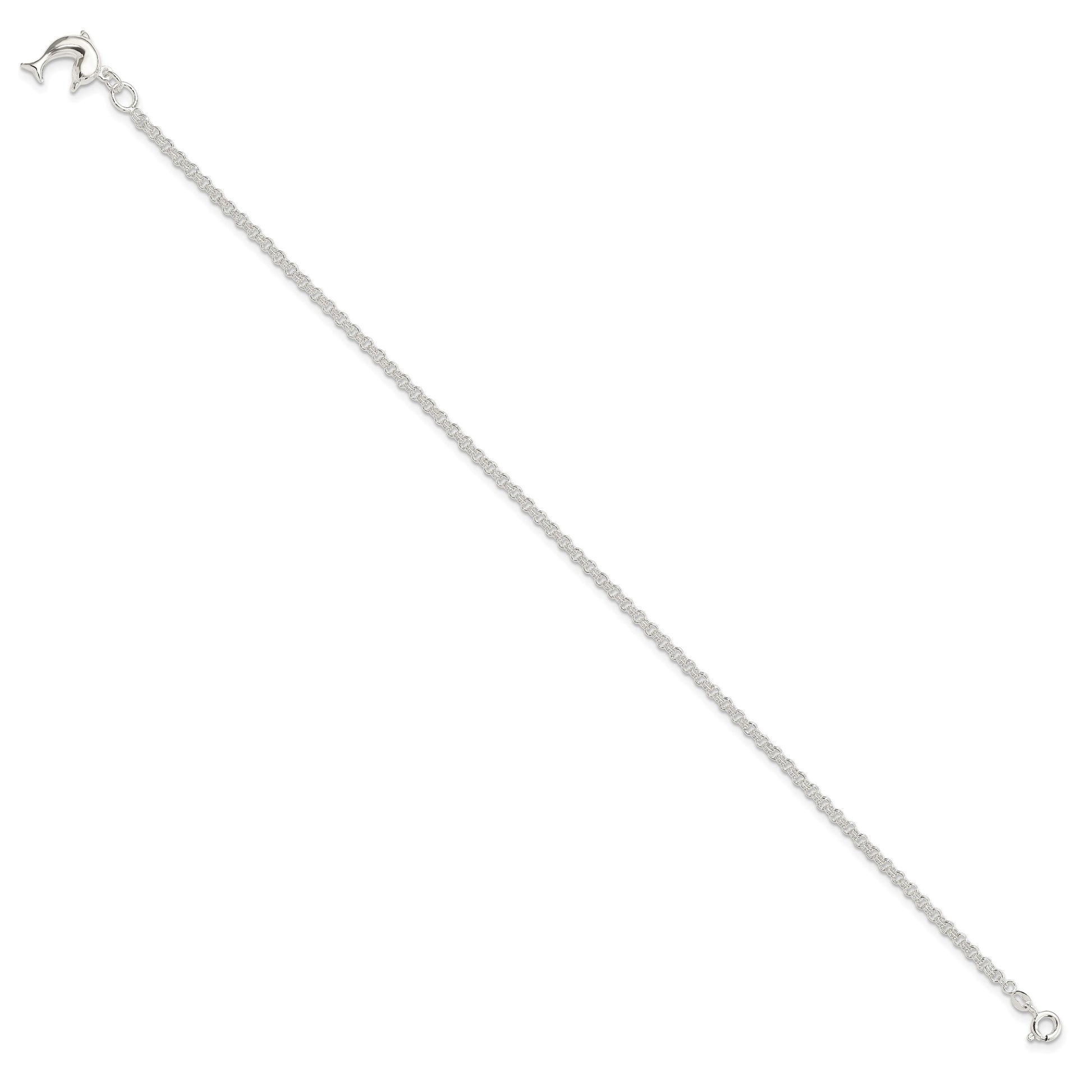 Sterling Silver 10inch Hollow Polished 3-D Dolphin Anklet