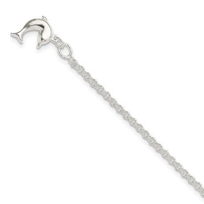 Sterling Silver 9inch Hollow Polished 3-D Dolphin Anklet