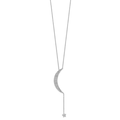 Sterling Silver Rhod-plated CZ Moon and Star w/2in ext. Necklace