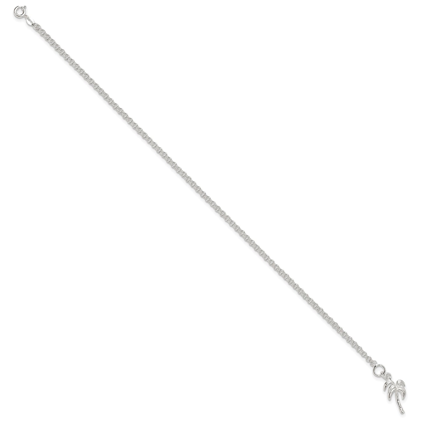 Sterling Silver 10inch Solid Polished Palm Tree Anklet