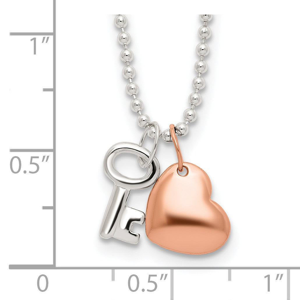 Sterling Silver Rose-tone Heart and Key 19 inch Necklace