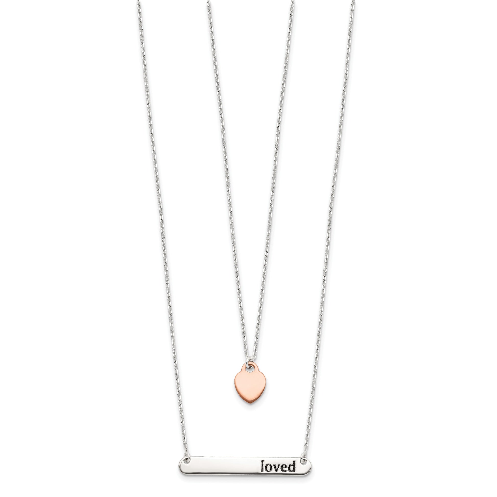 Sterling Silver Rose-tone Heart Enameled LOVED 16in Bar Necklace