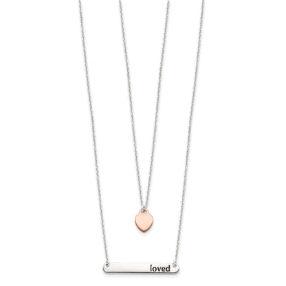 Sterling Silver Rose-tone Heart Enameled LOVED 16in Bar Necklace