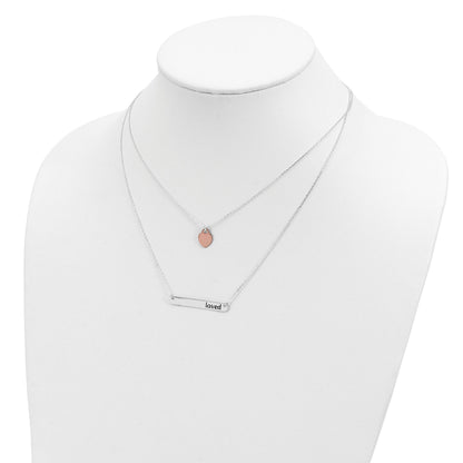 Sterling Silver Rose-tone Heart Enameled LOVED 16in Bar Necklace