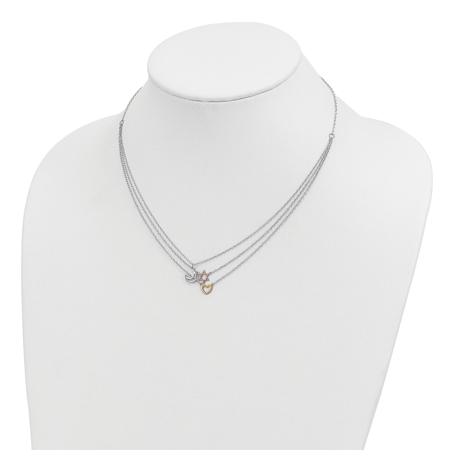 Sterling Silver RH-pltd Gold and Rose-tone Sun Moon Star Necklace